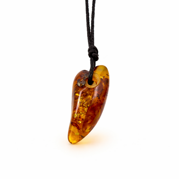 Natural amber tooth pendant on black cord with warm golden tones on a clean white background