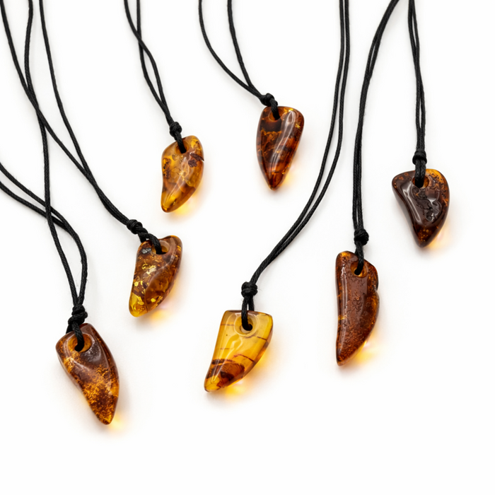 Selection of natural amber tooth pendants on black cords showing variation in shape colour and markings on a clean white background