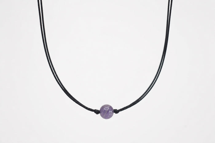 Amethyst necklace for men, February birthstone gift for him, purple stone bead black cord string