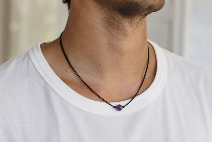 Amethyst necklace for men, February birthstone gift for him, purple stone bead black cord string