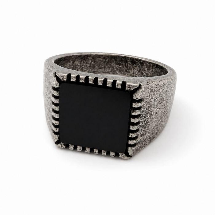 Antique silver stainless steel signet ring with black square stone and textured vintage finish