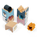 Wooden toy blocks with animal designs on a white background