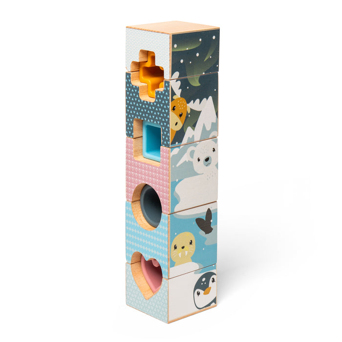 Stack of colorful wooden blocks with animal illustrations on a white background