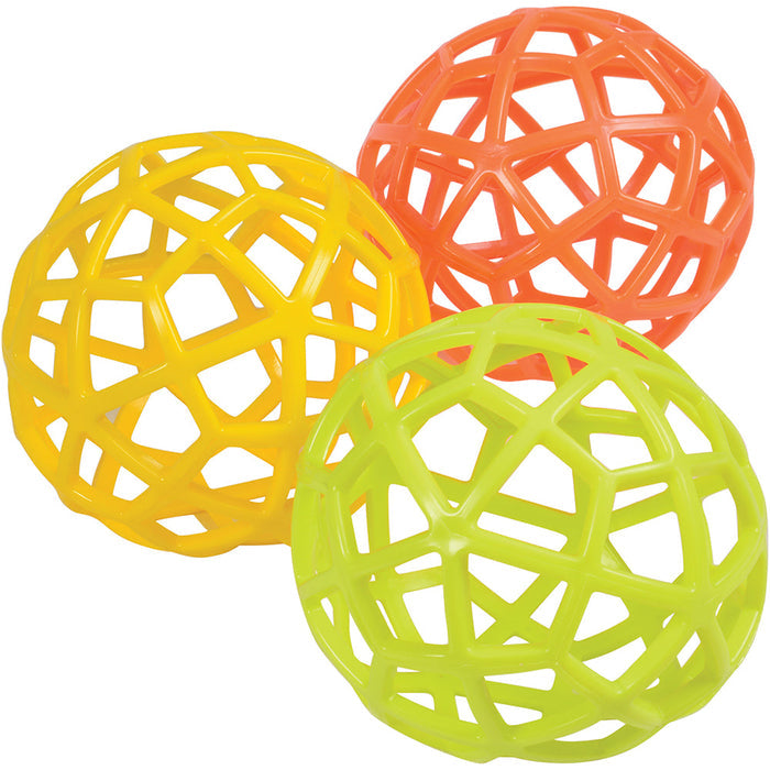 Three colorful lattice balls on a white background