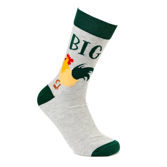 Big Cock novelty socks grey and green main view with rooster design