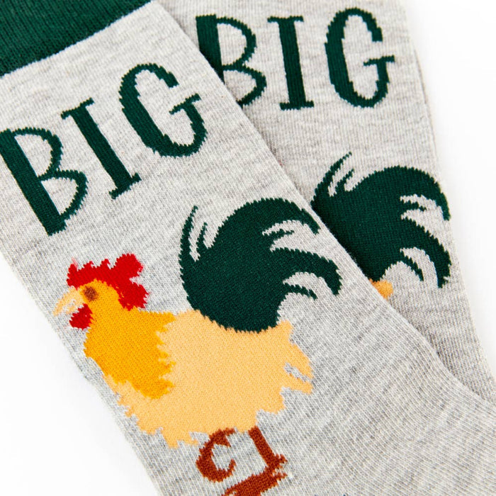 close up of Big Cock socks showing rooster design and text