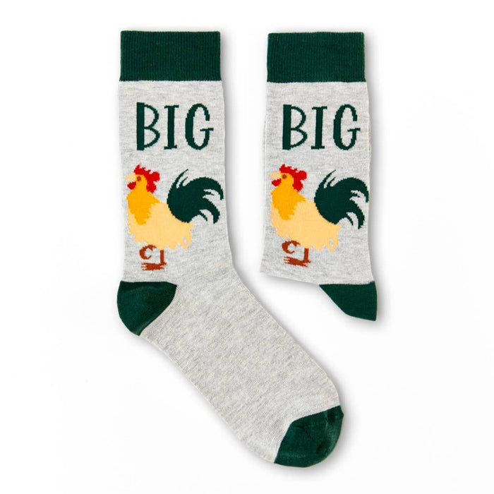 pair of Big Cock novelty socks laid flat showing full rooster design