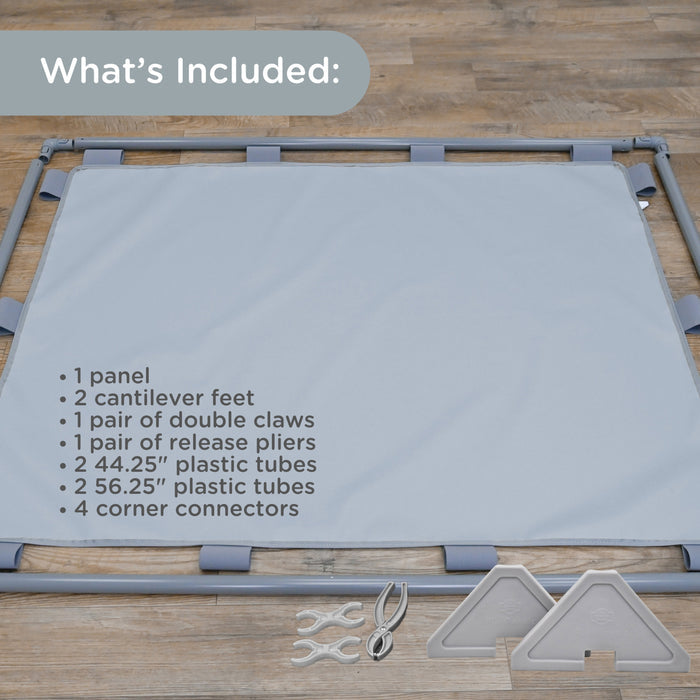 Gray classroom divider with components listed on a wooden floor
