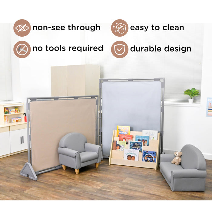Room divider with text highlighting features like 'non-see through', 'easy to clean', 'no tools required', and 'durable design'.