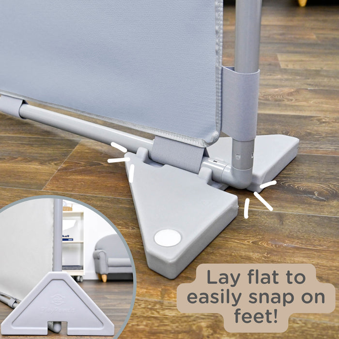 Gray stand with adjustable feet on a wooden floor, showing how to lay flat and snap on feet.