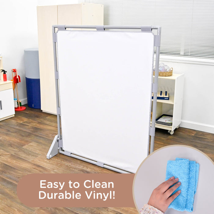 Room divider with stand in a room setting, with text 'Easy to Clean Durable Vinyl'.