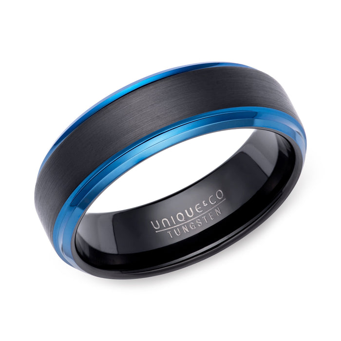 Black and blue tungsten carbide ring with brushed centre and polished edges on a clean white background