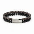Black braided leather and lava stone bead bracelet with stainless steel magnetic clasp on a white background