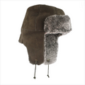 Brown sheepskin pilot style hat with fleece lined ear flaps and toggle fastening for cold weather wear.