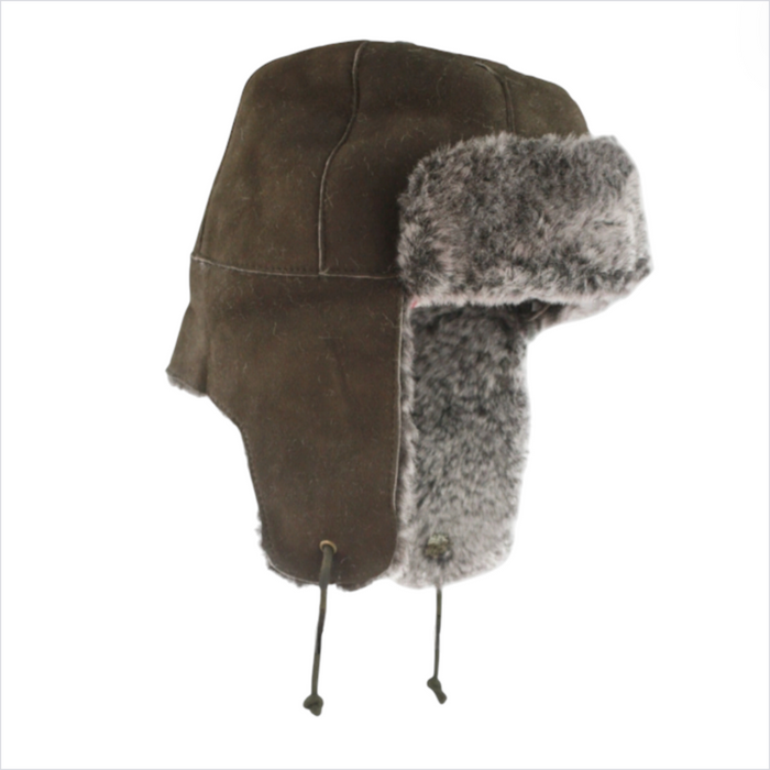 Brown sheepskin pilot style hat with fleece lined ear flaps and toggle fastening for cold weather wear.