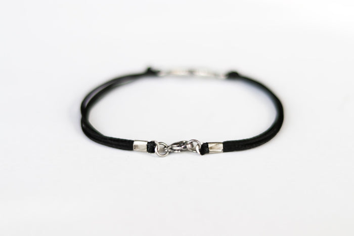 Bracelet for men, silver double rhombus bracelet for him, black cord - shani-adi-jewerly