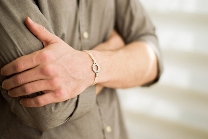 Bracelet for men, silver hexagon charm bracelet for him, beige cord, fathers day gift for him - shani-adi-jewerly