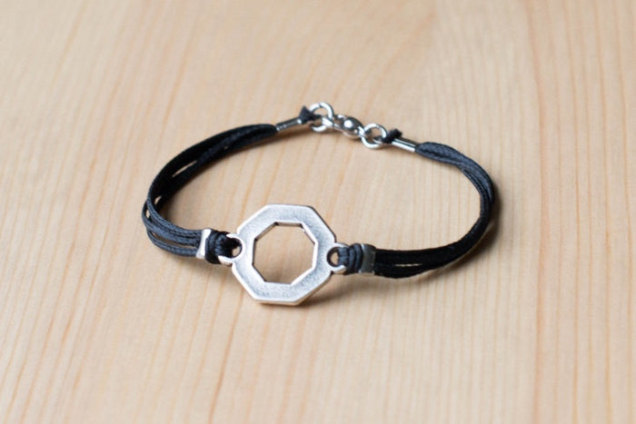 Bracelet for men, silver hexagon charm bracelet for him, black cord - shani-adi-jewerly