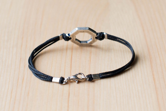 Bracelet for men, silver hexagon charm bracelet for him, black cord - shani-adi-jewerly