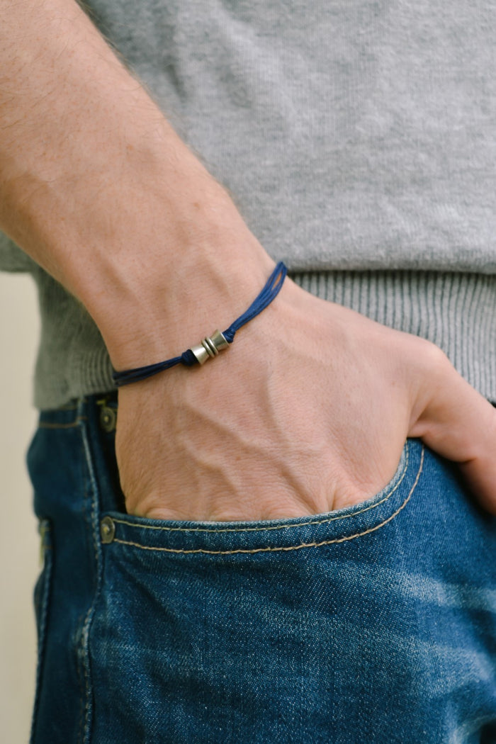 Bracelet for men with silver bead charm and black string, gift for him, gift wrapped