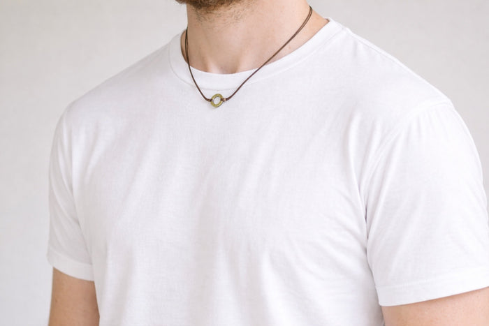 Bronze circle Believe pendant necklace for men, brown cord, mens jewelry