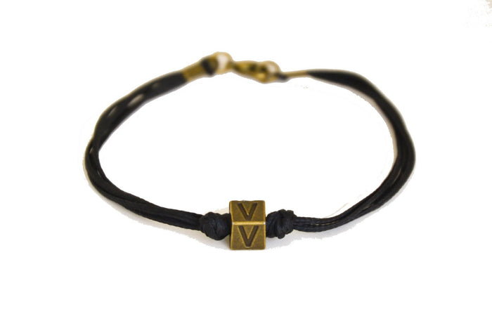 Bronze initial bead bracelet for men, black cord - shani-adi-jewerly