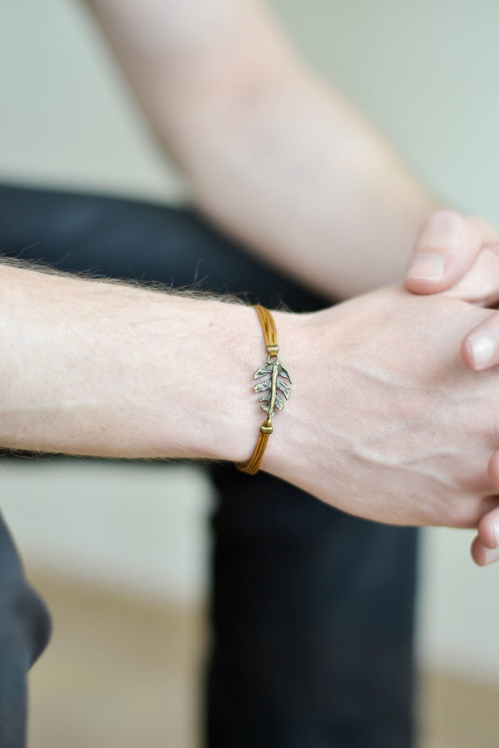 Bronze Leaf bracelet for men, brown cord - shani-adi-jewerly