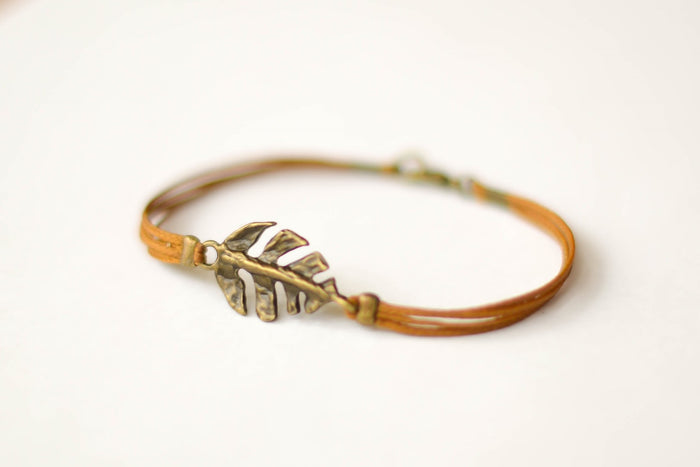 Bronze Leaf bracelet for men, brown cord - shani-adi-jewerly
