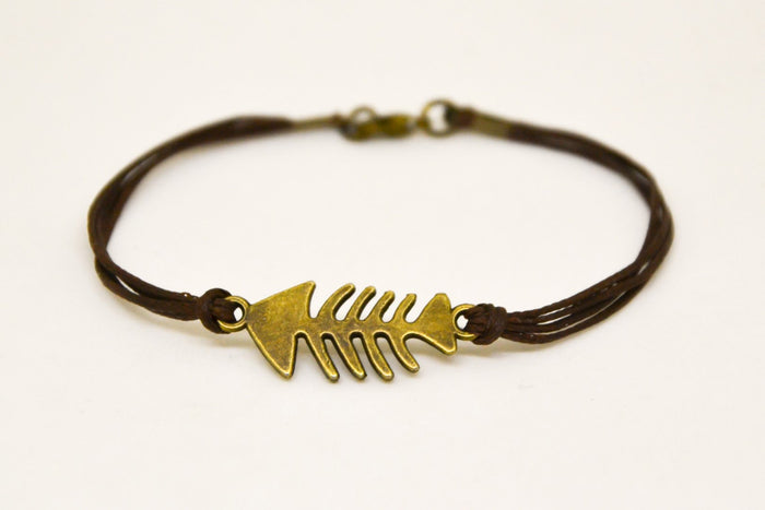 Fish bones anklet for men, brown cord - shani-adi-jewerly