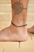 Bronze tube bead anklet for men, black cord - shani-adi-jewerly