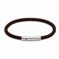 Brown 4mm braided leather bracelet with stainless steel pusher clasp on a white background