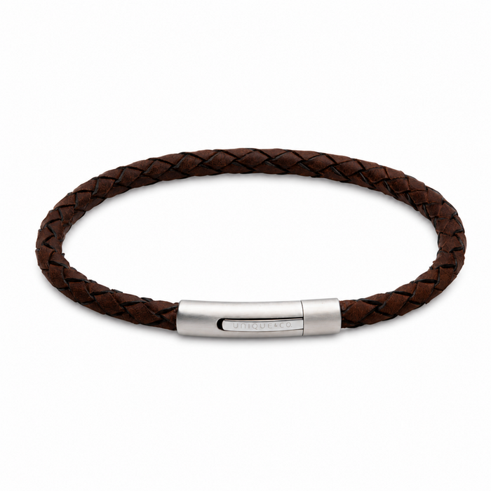 Brown 4mm braided leather bracelet with stainless steel pusher clasp on a white background