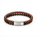 Brown braided leather bracelet with Tiger's Eye beads and stainless steel magnetic clasp on a white background