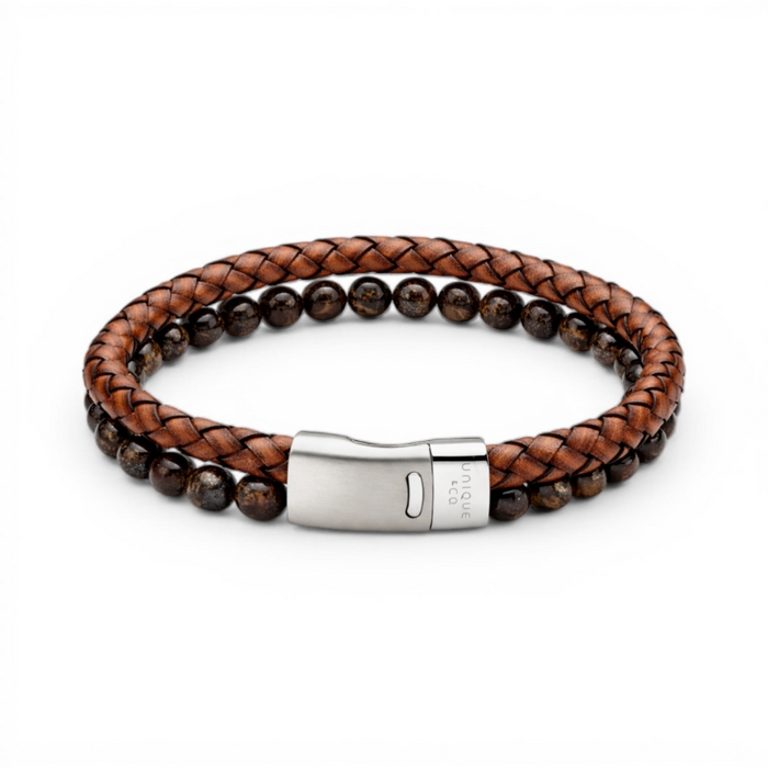 Brown braided leather bracelet with Tiger's Eye beads and stainless steel magnetic clasp on a white background