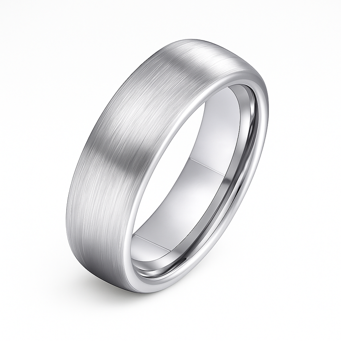 6mm brushed tungsten carbide ring with satin finish and polished interior on white background