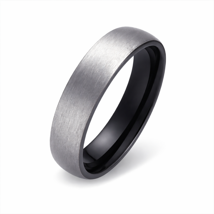 Brushed tungsten ring with matte outer finish and black inner band
