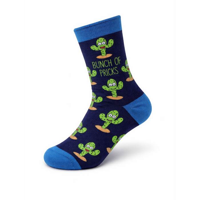 Bunch of Pricks novelty socks navy main view with cactus design