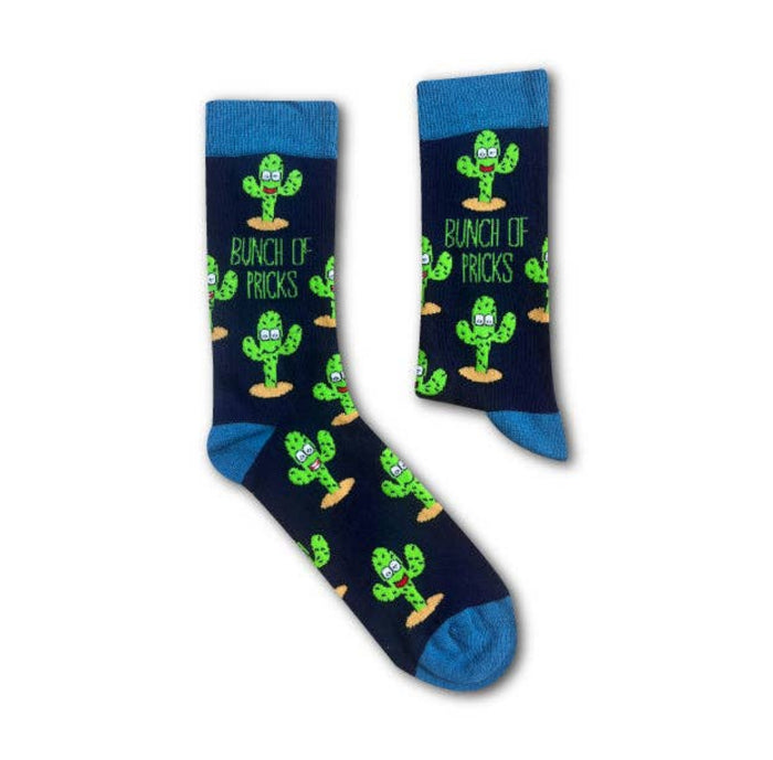 pair of Bunch of Pricks novelty socks laid flat showing full cactus design