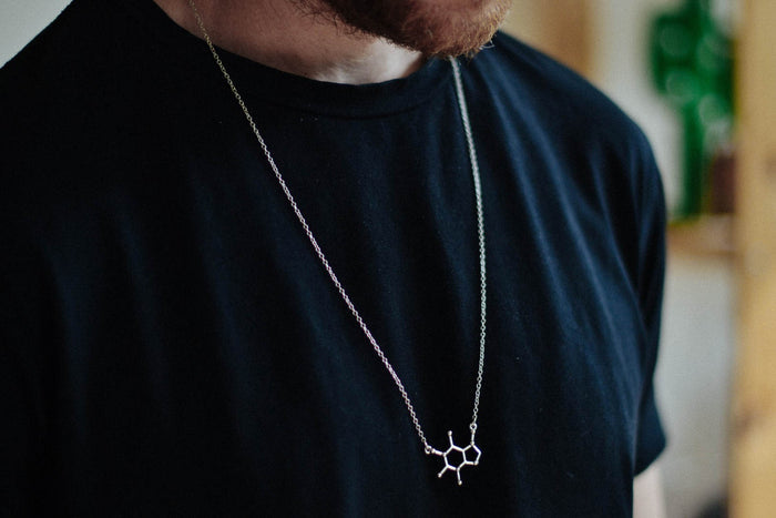 Caffeine molecule necklace for men, stainless steel chain customized necklace, silver tone gift for him, festival jewelry