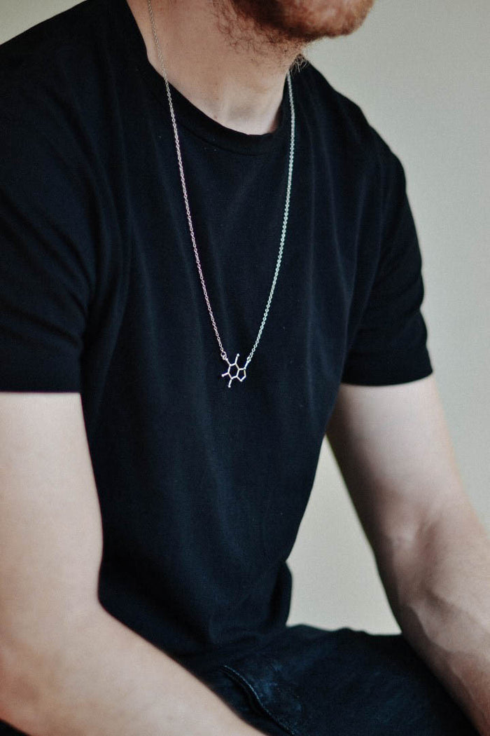 Caffeine molecule necklace for men, stainless steel chain customized necklace, silver tone gift for him, festival jewelry