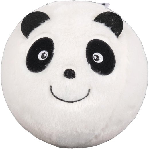 Plush toy shaped like a panda face on a white background