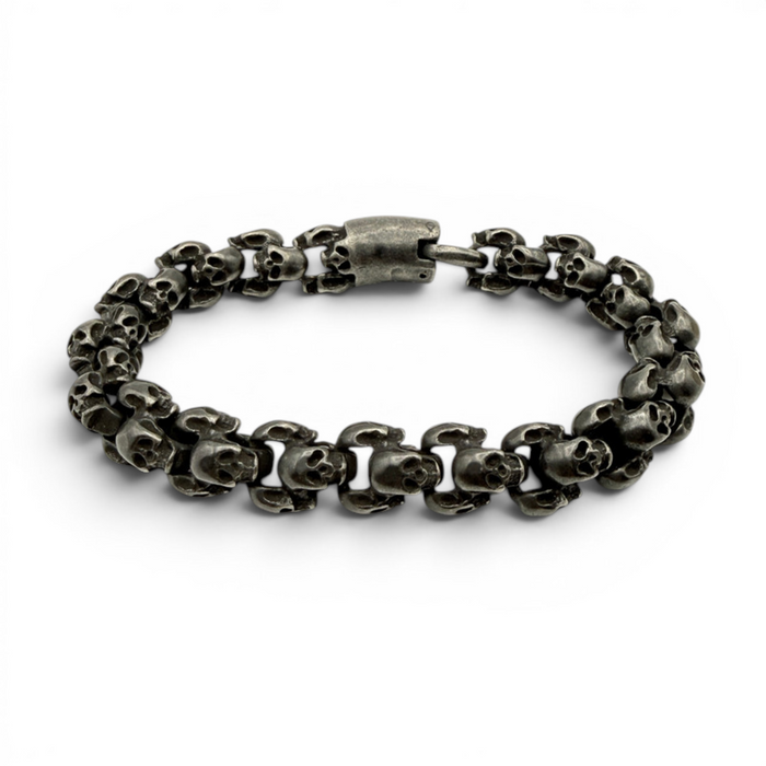 Chunky oxidised stainless steel skull bracelet with detailed skull links and secure clasp