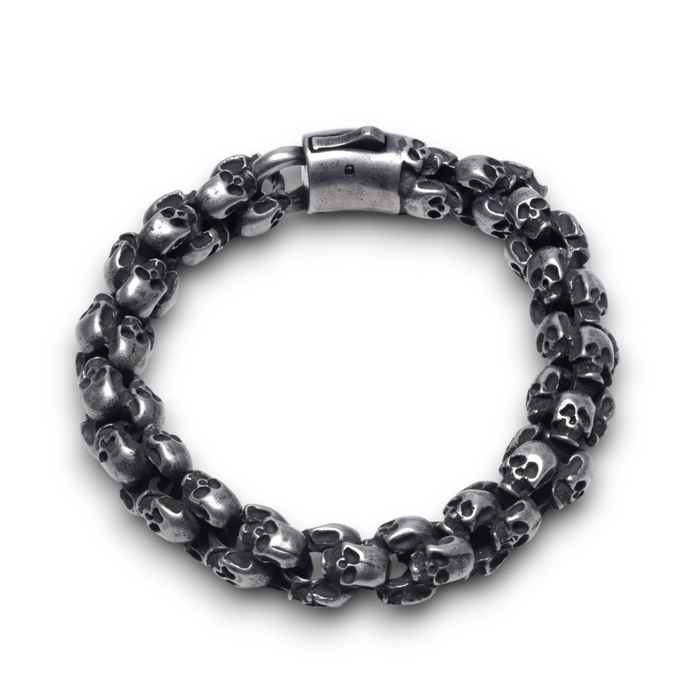 Full view of chunky oxidised skull bracelet showing complete skull link design