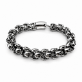 Chunky polished stainless steel skull bracelet with detailed skull links and secure clasp