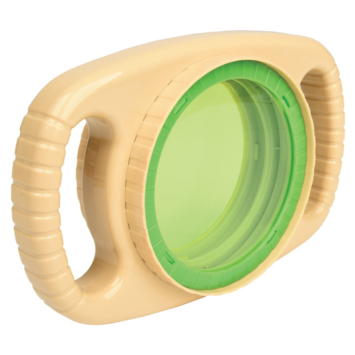 Beige and green plastic toy on a white background