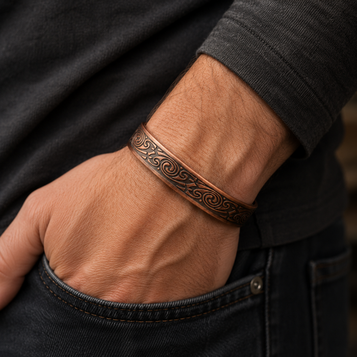 Close up lifestyle image of a man wearing an engraved copper magnetic cuff bracelet with dark detailing and adjustable open back design