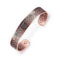 Copper cuff bracelet with embossed thistle pattern adjustable open design