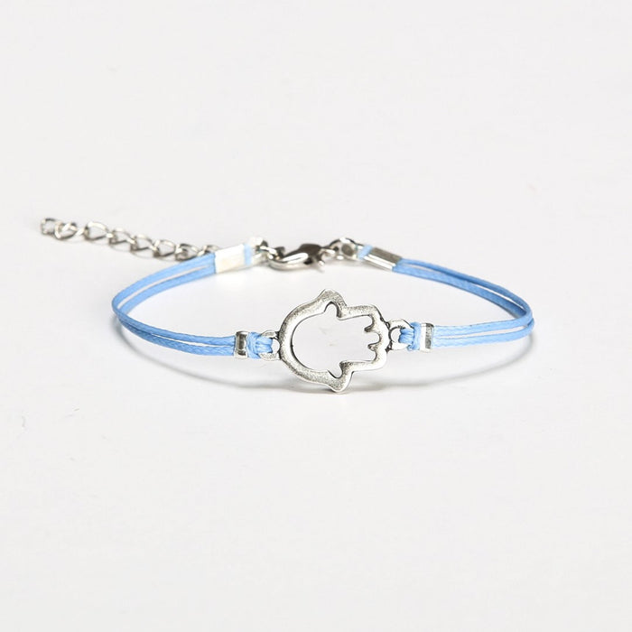 Blue cord bracelet with silver Hamsa charm - shani-adi-jewerly
