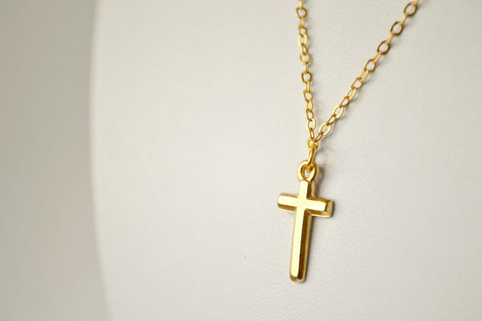 Cross necklace for women gold tone chain, Christian catholic jewelry