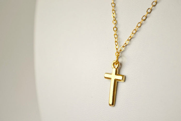 Cross necklace for women gold tone chain, Christian catholic jewelry